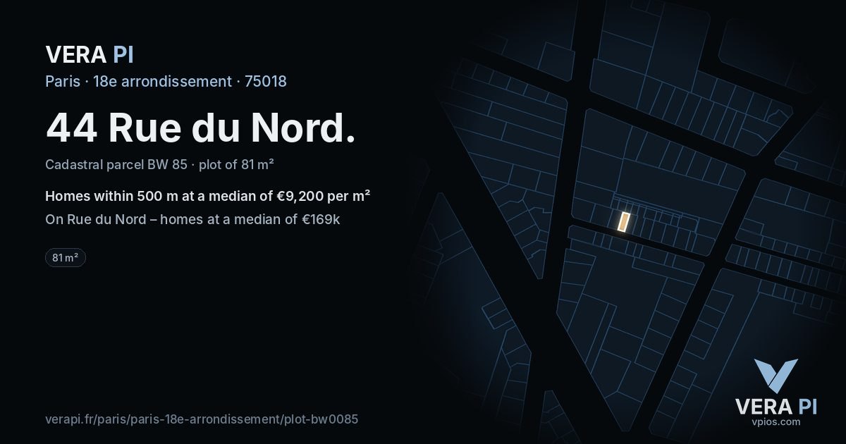 44 Rue du Nord, 18e arrondissement at night – the plot lit, the parcels around coloured by the prices near them
