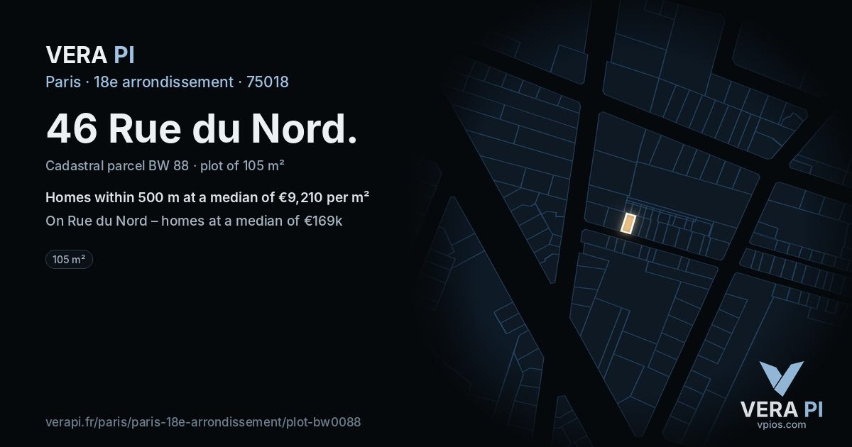46 Rue du Nord, 18e arrondissement at night – the plot lit, the parcels around coloured by the prices near them