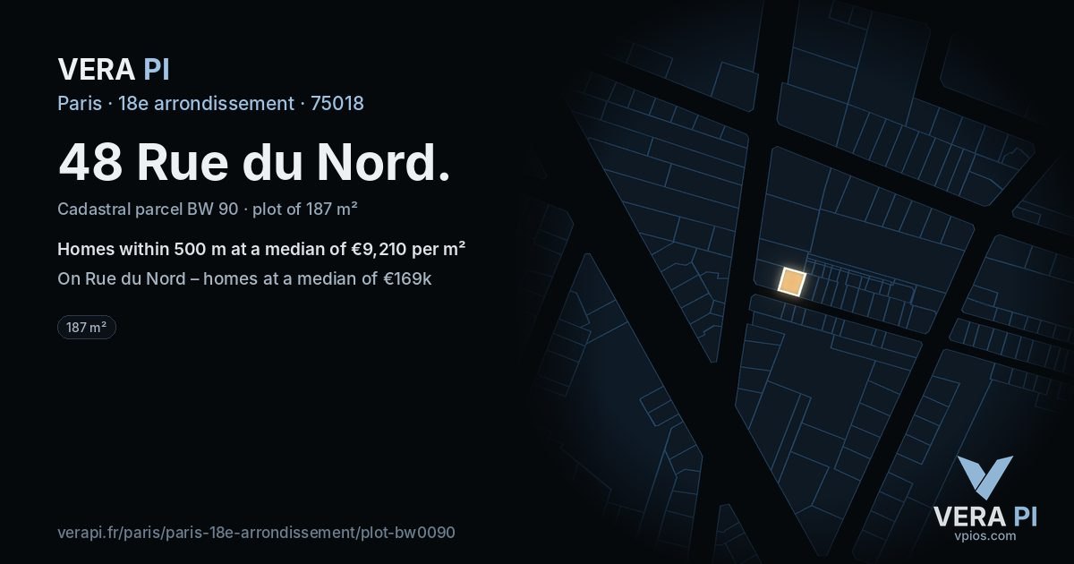 48 Rue du Nord, 18e arrondissement at night – the plot lit, the parcels around coloured by the prices near them