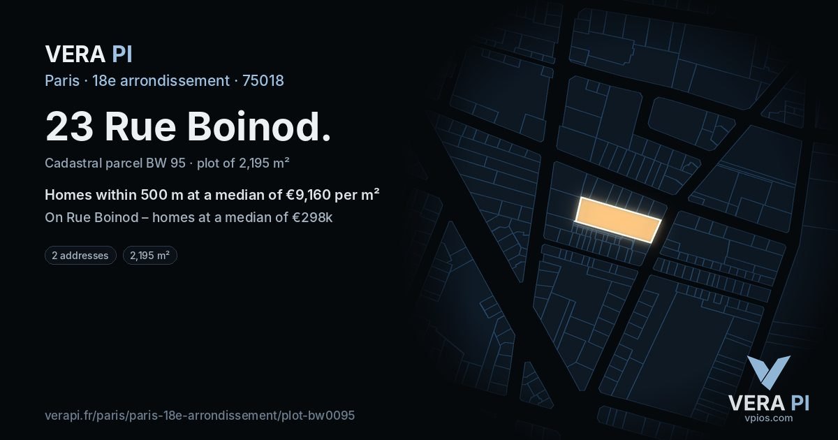 23 Rue Boinod, 18e arrondissement at night – the plot lit, the parcels around coloured by the prices near them