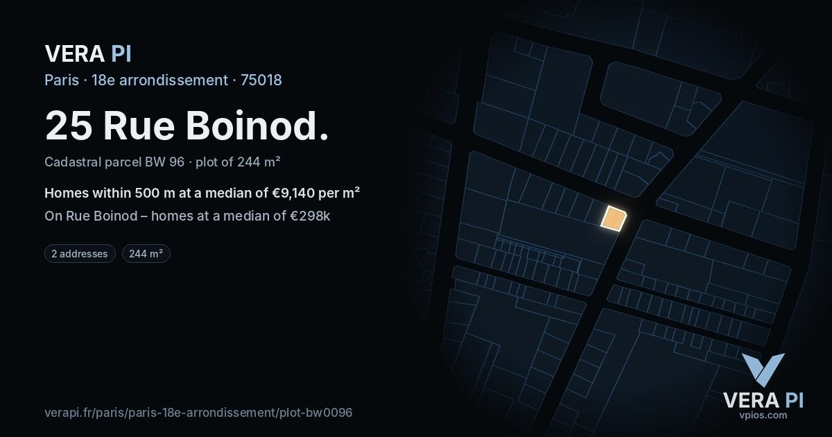 25 Rue Boinod, 18e arrondissement at night – the plot lit, the parcels around coloured by the prices near them