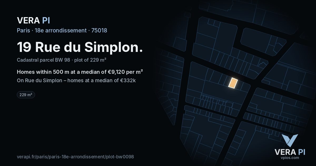 19 Rue du Simplon, 18e arrondissement at night – the plot lit, the parcels around coloured by the prices near them