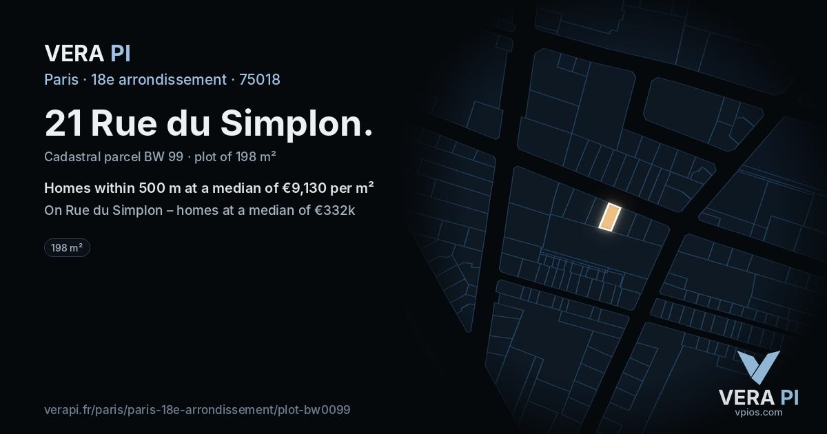 21 Rue du Simplon, 18e arrondissement at night – the plot lit, the parcels around coloured by the prices near them