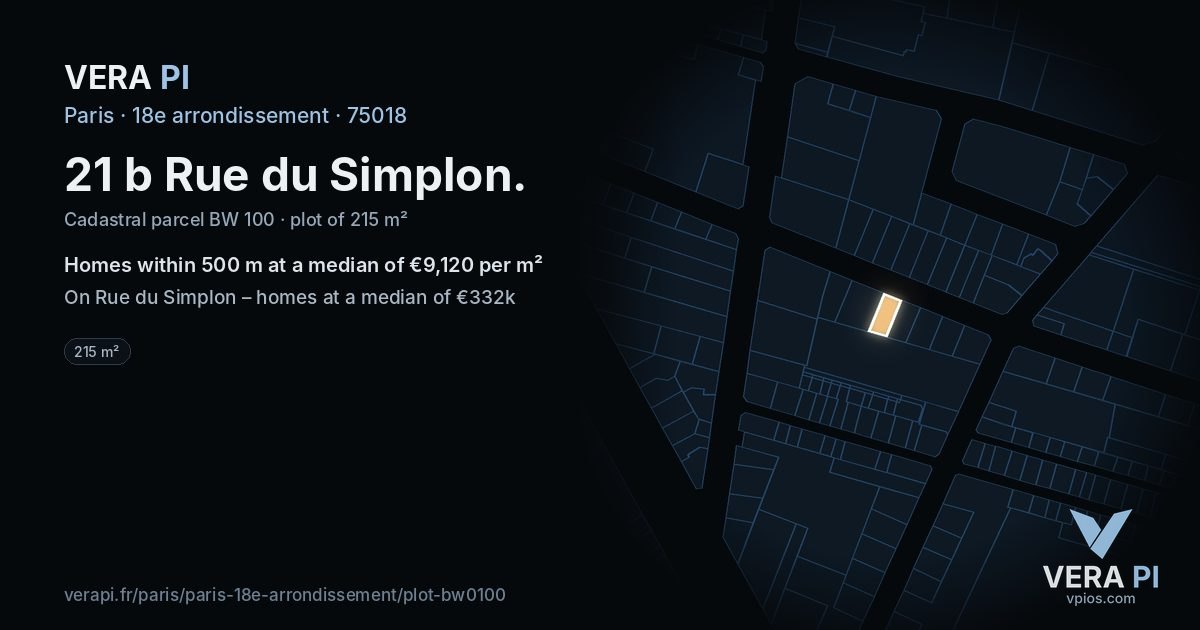 21 b Rue du Simplon, 18e arrondissement at night – the plot lit, the parcels around coloured by the prices near them