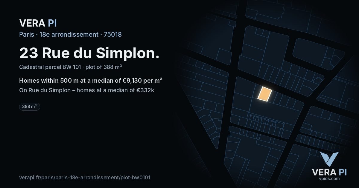 23 Rue du Simplon, 18e arrondissement at night – the plot lit, the parcels around coloured by the prices near them