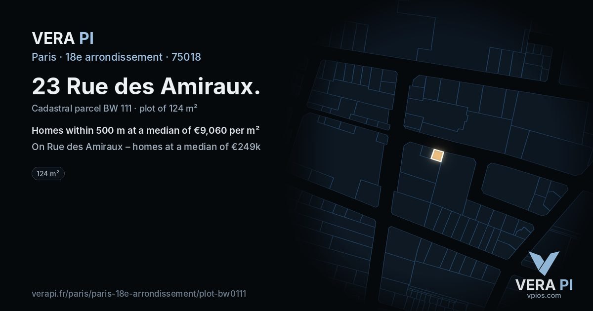 23 Rue des Amiraux, 18e arrondissement at night – the plot lit, the parcels around coloured by the prices near them
