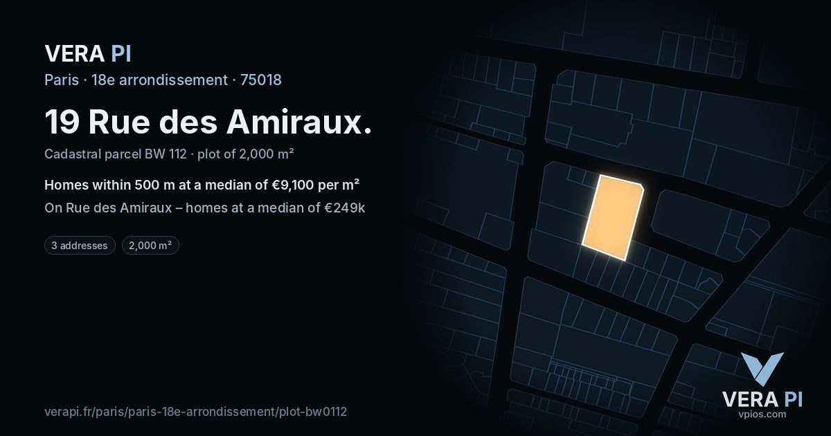 19 Rue des Amiraux, 18e arrondissement at night – the plot lit, the parcels around coloured by the prices near them