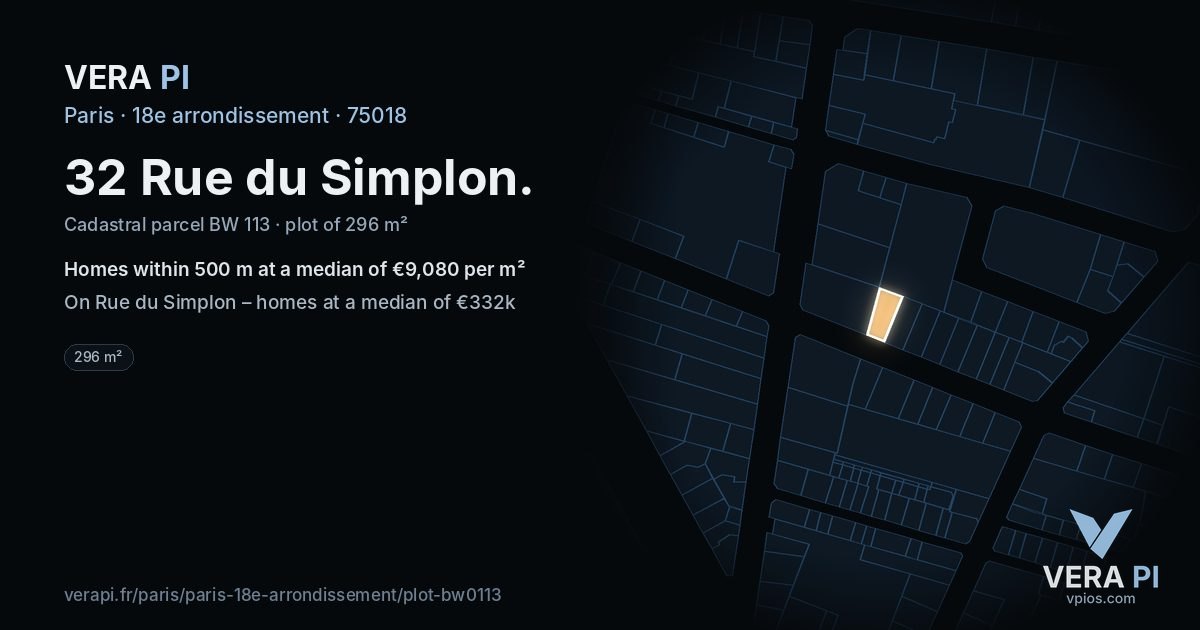 32 Rue du Simplon, 18e arrondissement at night – the plot lit, the parcels around coloured by the prices near them