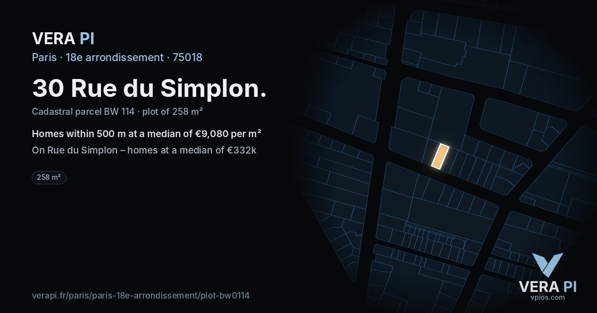 30 Rue du Simplon, 18e arrondissement at night – the plot lit, the parcels around coloured by the prices near them
