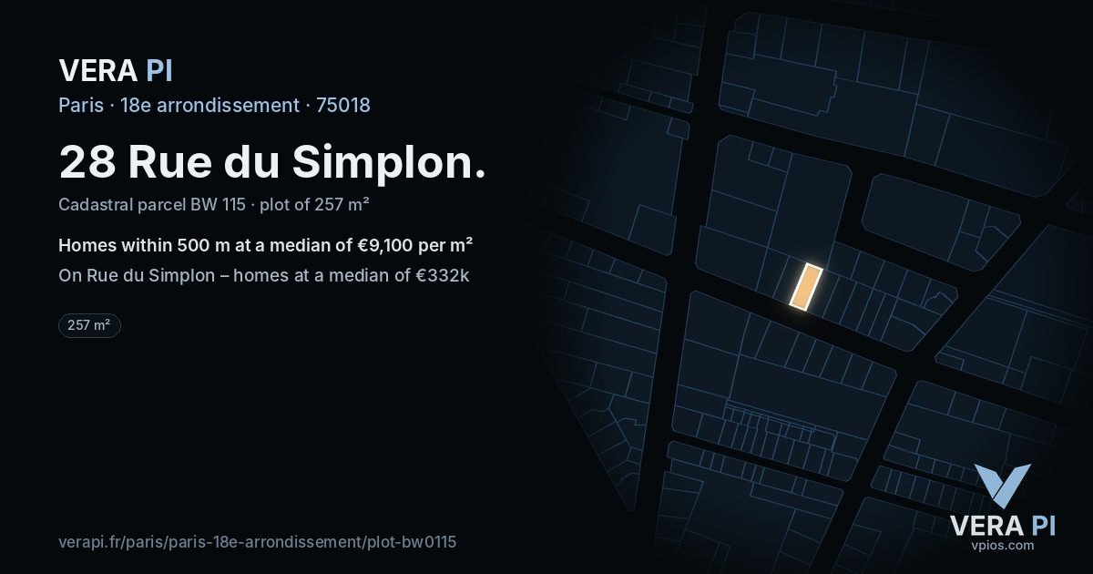 28 Rue du Simplon, 18e arrondissement at night – the plot lit, the parcels around coloured by the prices near them