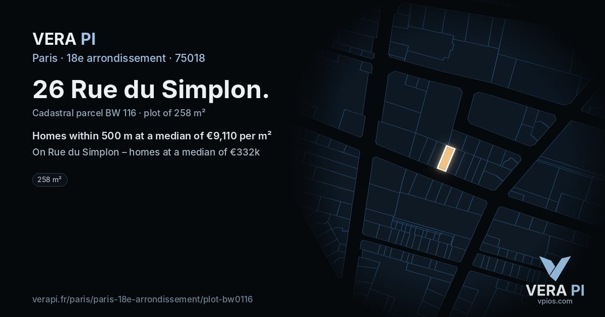 26 Rue du Simplon, 18e arrondissement at night – the plot lit, the parcels around coloured by the prices near them