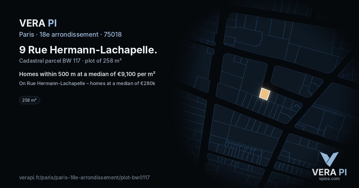 9 Rue Hermann-Lachapelle, 18e arrondissement at night – the plot lit, the parcels around coloured by the prices near them