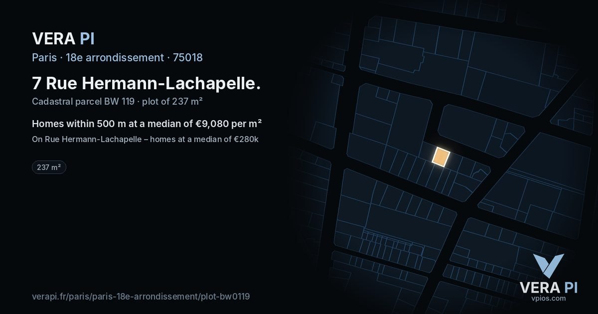 7 Rue Hermann-Lachapelle, 18e arrondissement at night – the plot lit, the parcels around coloured by the prices near them