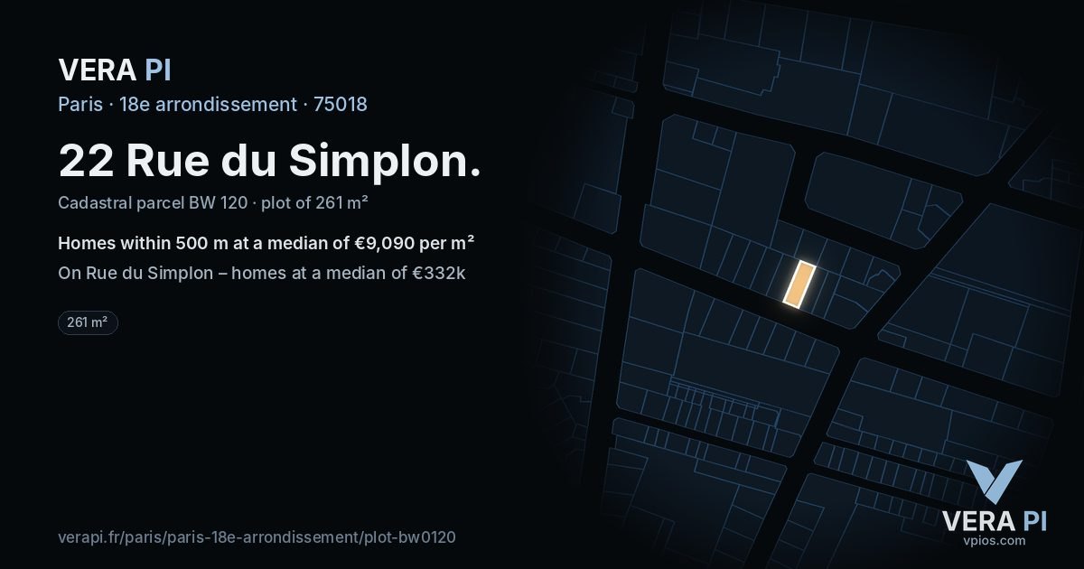 22 Rue du Simplon, 18e arrondissement at night – the plot lit, the parcels around coloured by the prices near them