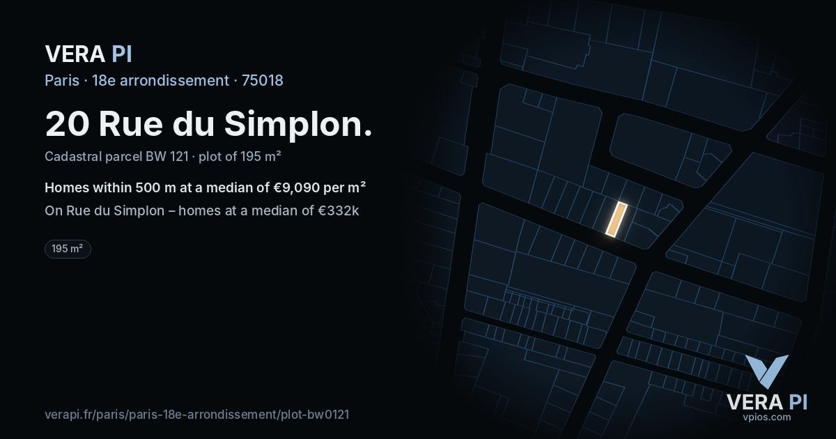 20 Rue du Simplon, 18e arrondissement at night – the plot lit, the parcels around coloured by the prices near them