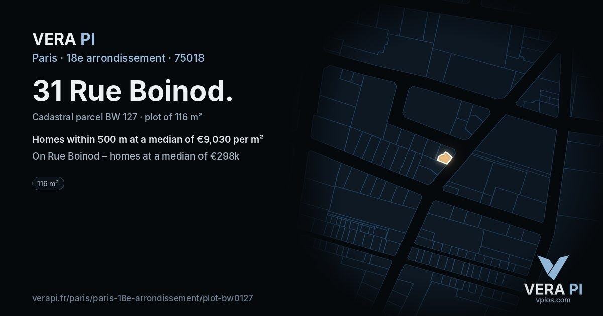 31 Rue Boinod, 18e arrondissement at night – the plot lit, the parcels around coloured by the prices near them