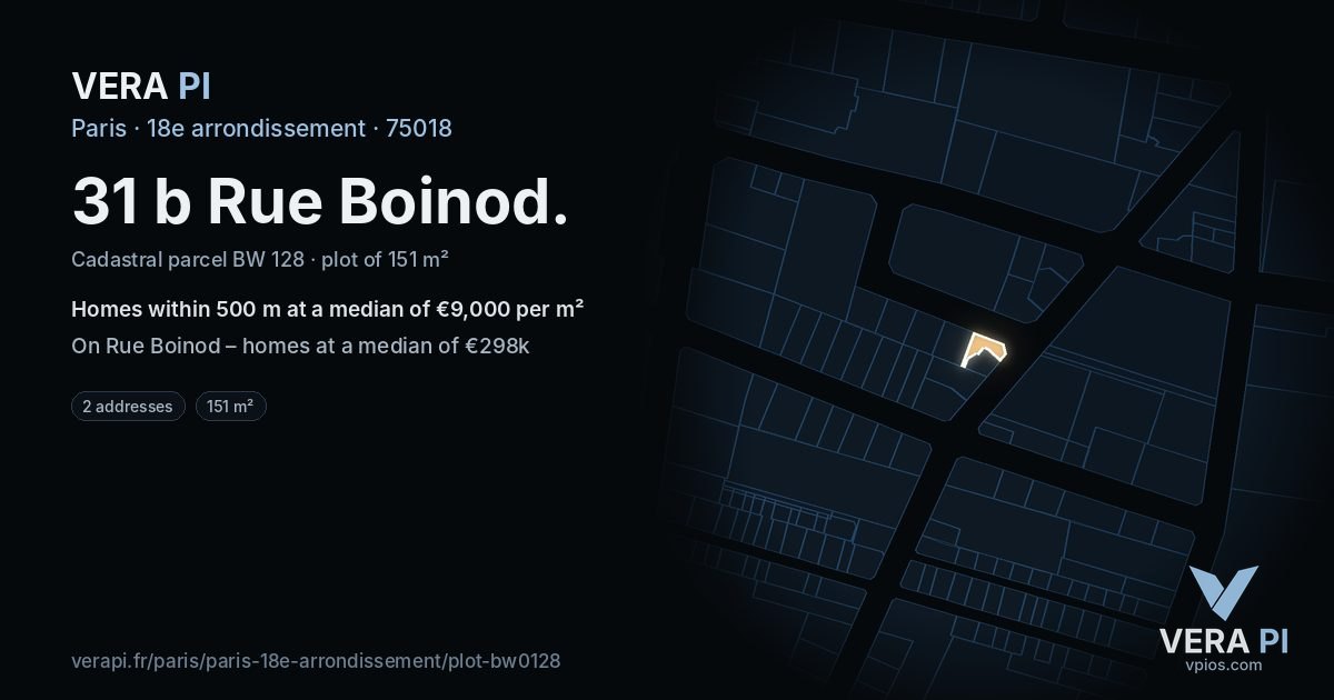 31 b Rue Boinod, 18e arrondissement at night – the plot lit, the parcels around coloured by the prices near them