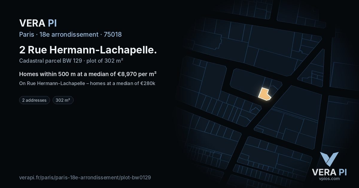 2 Rue Hermann-Lachapelle, 18e arrondissement at night – the plot lit, the parcels around coloured by the prices near them