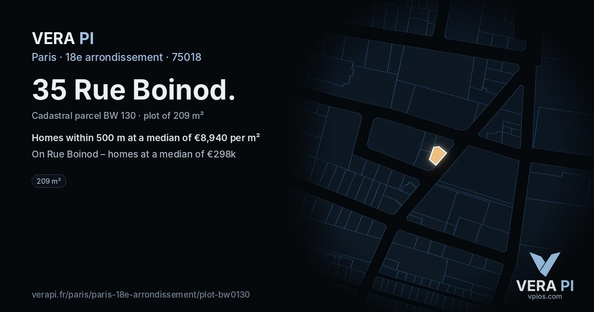 35 Rue Boinod, 18e arrondissement at night – the plot lit, the parcels around coloured by the prices near them