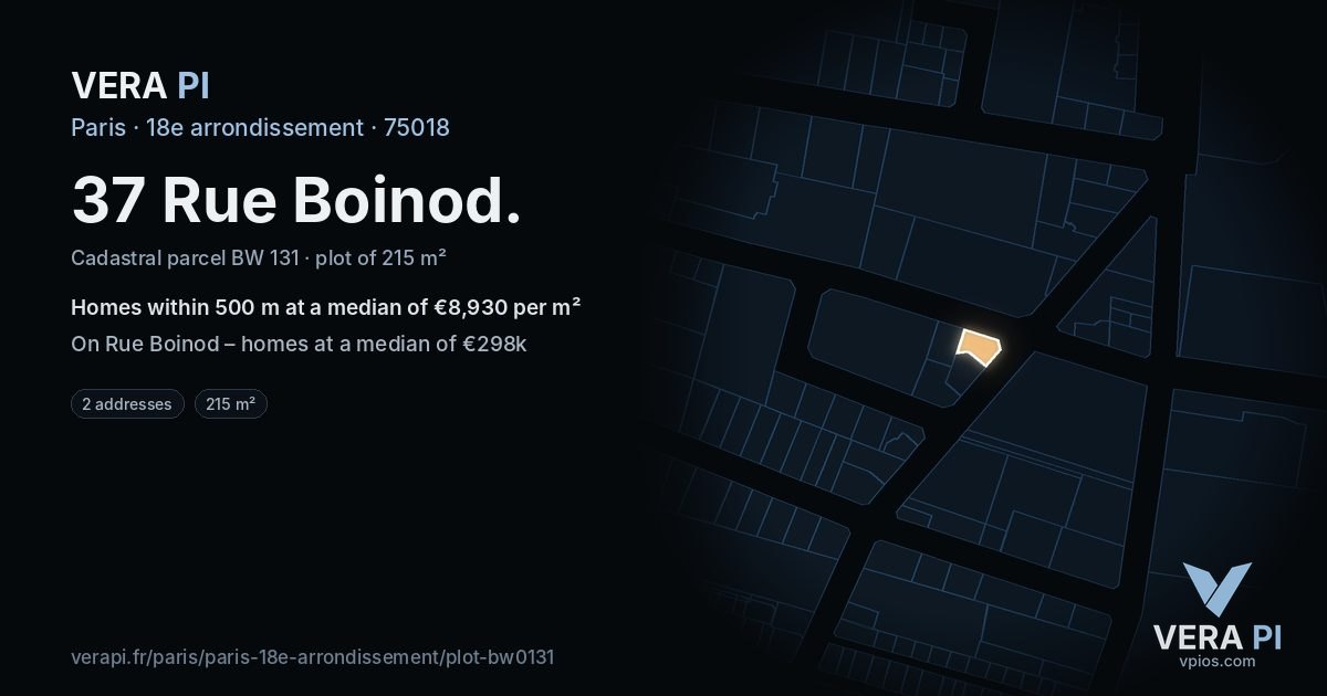 37 Rue Boinod, 18e arrondissement at night – the plot lit, the parcels around coloured by the prices near them