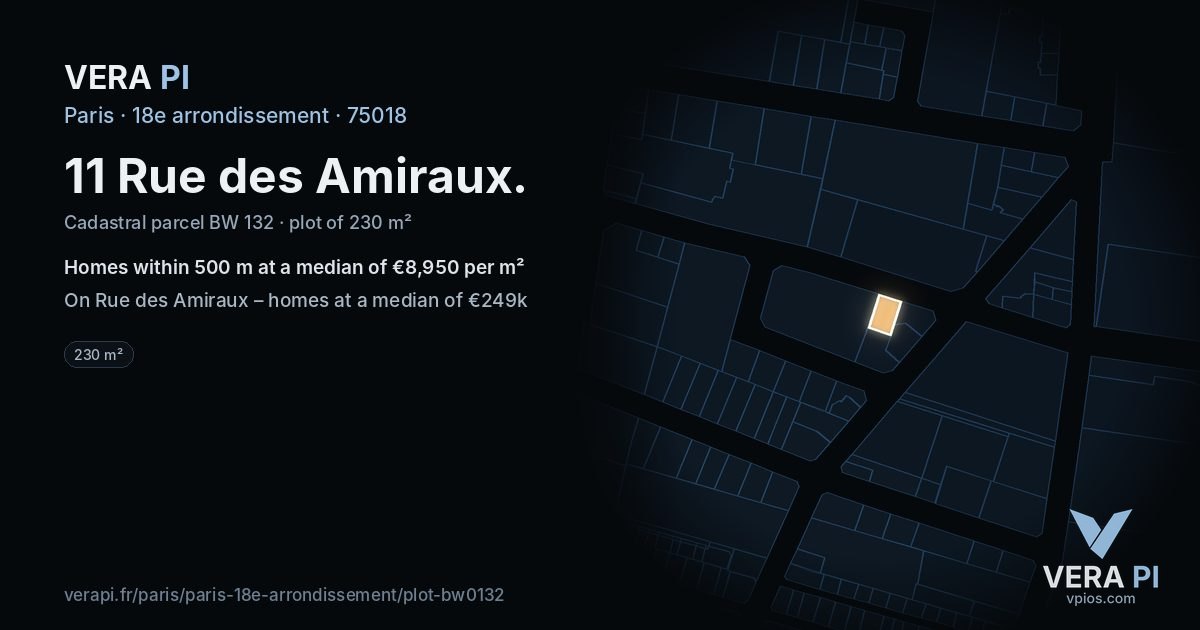 11 Rue des Amiraux, 18e arrondissement at night – the plot lit, the parcels around coloured by the prices near them