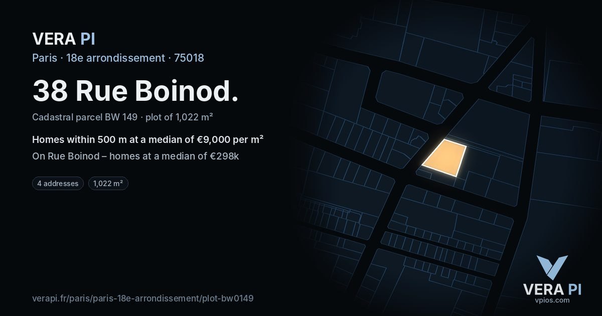 38 Rue Boinod, 18e arrondissement at night – the plot lit, the parcels around coloured by the prices near them
