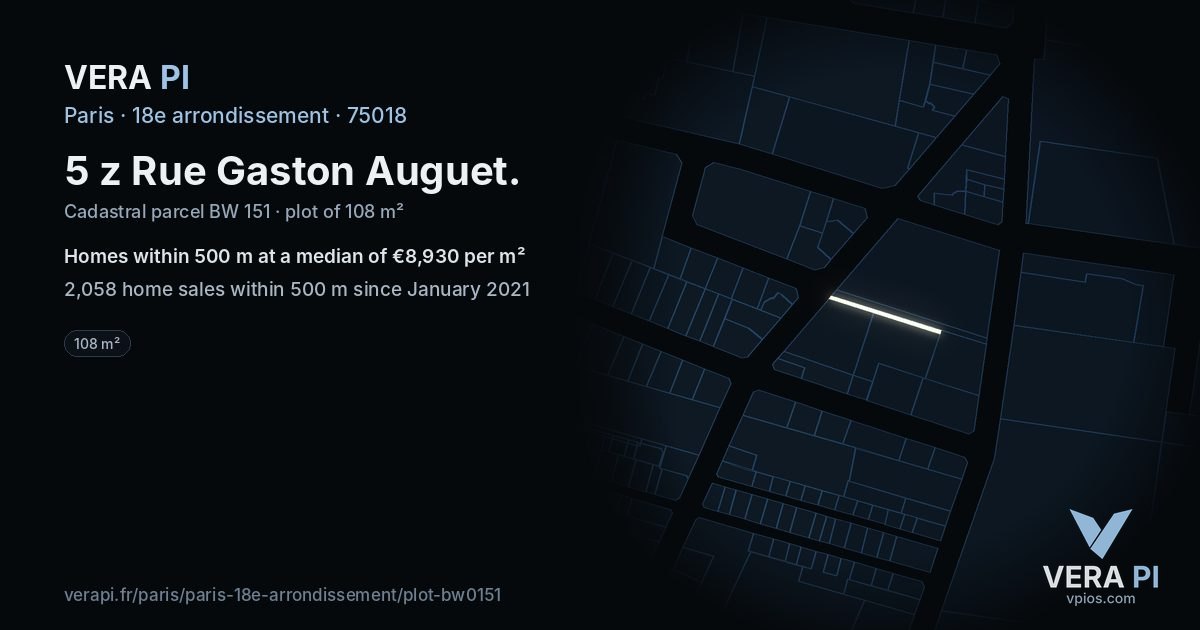 5 z Rue Gaston Auguet, 18e arrondissement at night – the plot lit, the parcels around coloured by the prices near them