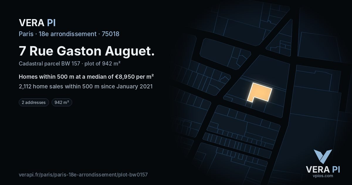 7 Rue Gaston Auguet, 18e arrondissement at night – the plot lit, the parcels around coloured by the prices near them