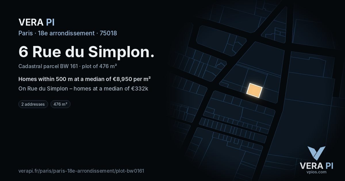 6 Rue du Simplon, 18e arrondissement at night – the plot lit, the parcels around coloured by the prices near them