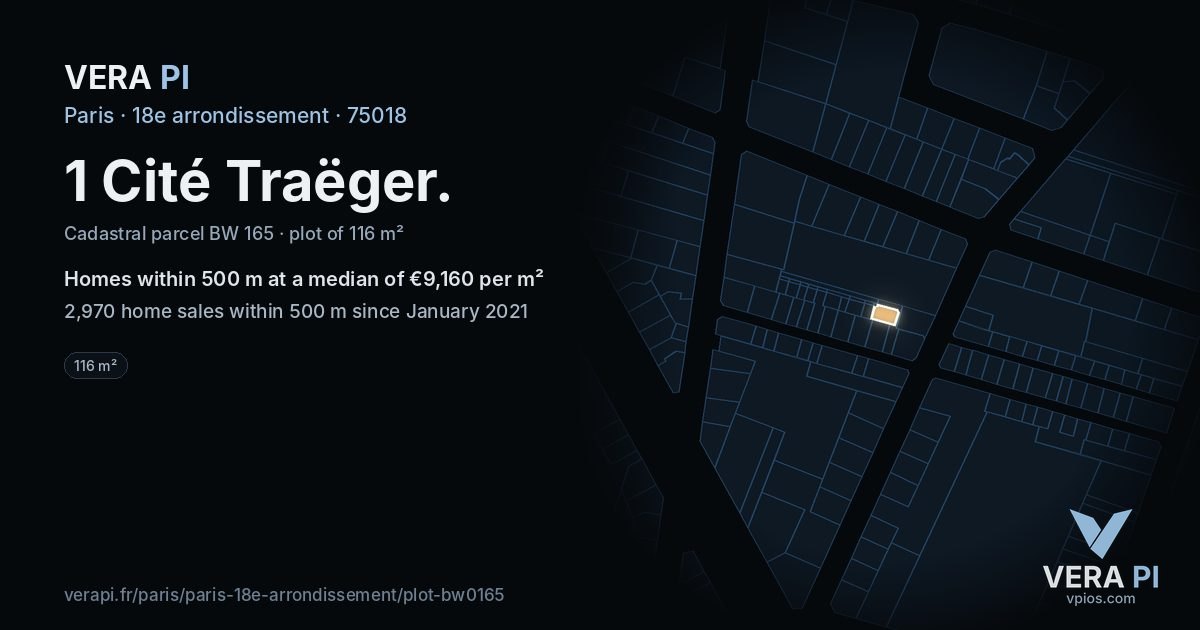 1 Cité Traëger, 18e arrondissement at night – the plot lit, the parcels around coloured by the prices near them