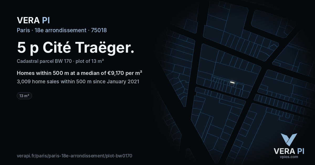 5 p Cité Traëger, 18e arrondissement at night – the plot lit, the parcels around coloured by the prices near them