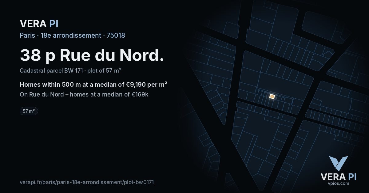 38 p Rue du Nord, 18e arrondissement at night – the plot lit, the parcels around coloured by the prices near them