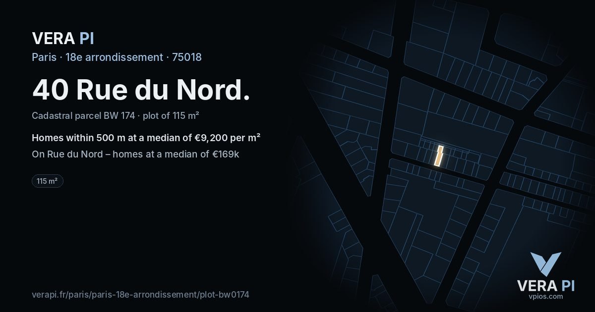 40 Rue du Nord, 18e arrondissement at night – the plot lit, the parcels around coloured by the prices near them