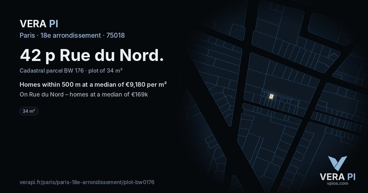 42 p Rue du Nord, 18e arrondissement at night – the plot lit, the parcels around coloured by the prices near them