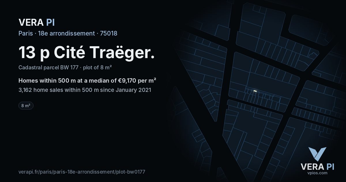 13 p Cité Traëger, 18e arrondissement at night – the plot lit, the parcels around coloured by the prices near them