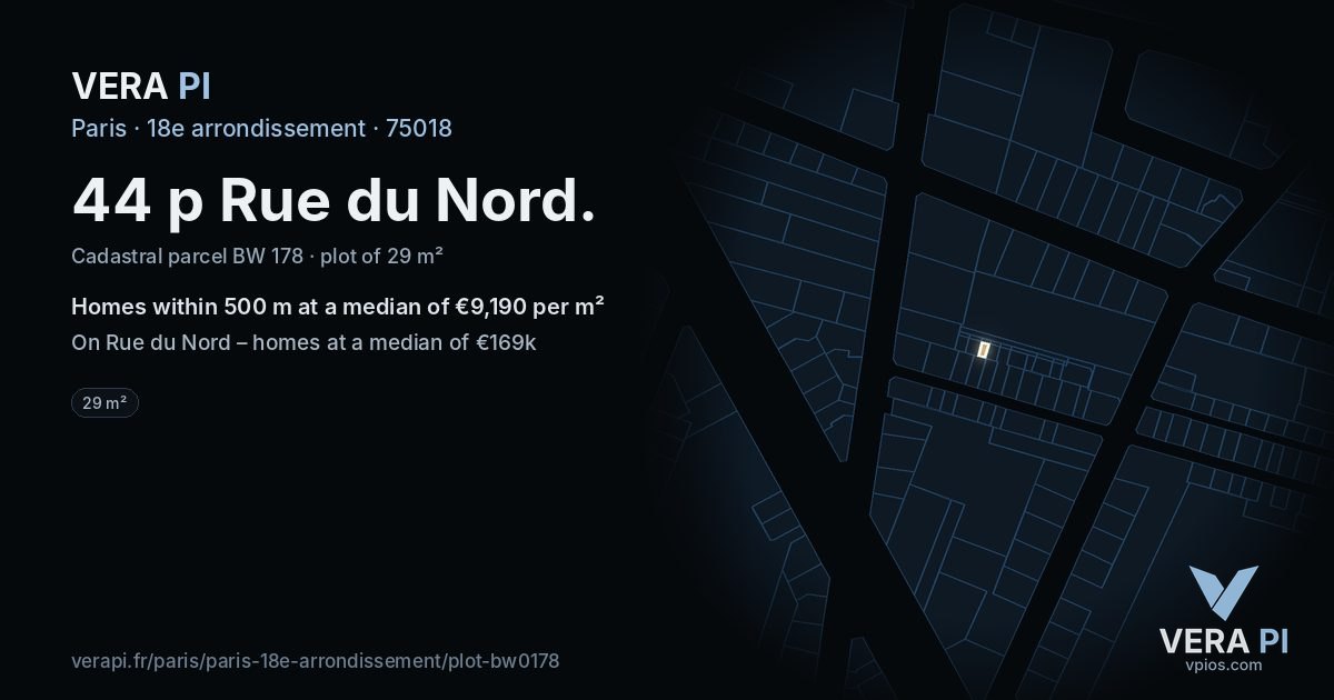 44 p Rue du Nord, 18e arrondissement at night – the plot lit, the parcels around coloured by the prices near them