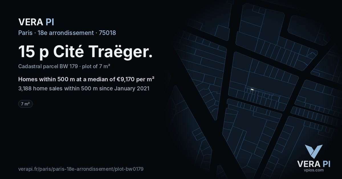 15 p Cité Traëger, 18e arrondissement at night – the plot lit, the parcels around coloured by the prices near them