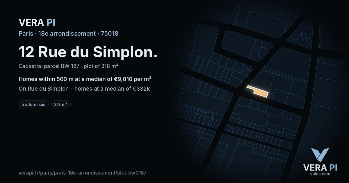 12 Rue du Simplon, 18e arrondissement at night – the plot lit, the parcels around coloured by the prices near them