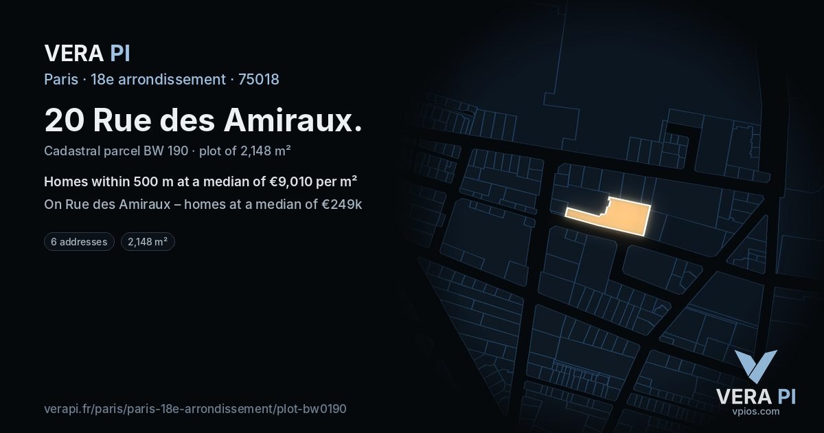 20 Rue des Amiraux, 18e arrondissement at night – the plot lit, the parcels around coloured by the prices near them