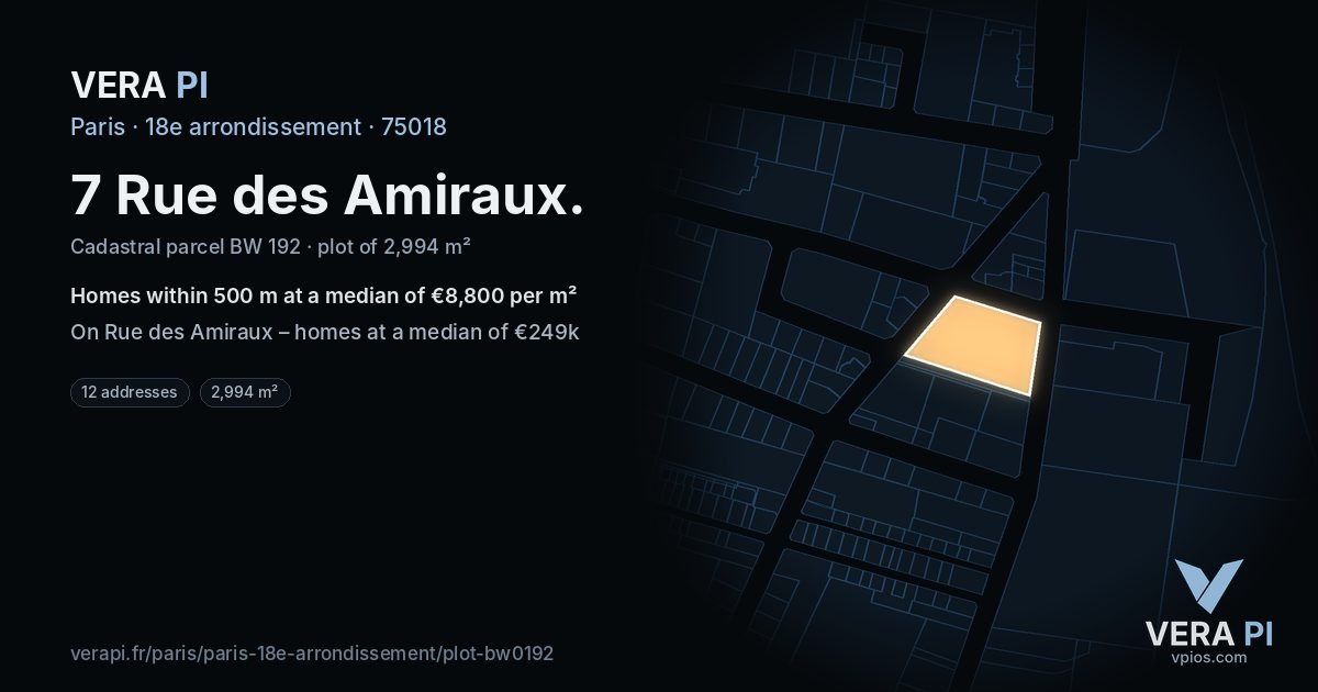 7 Rue des Amiraux, 18e arrondissement at night – the plot lit, the parcels around coloured by the prices near them