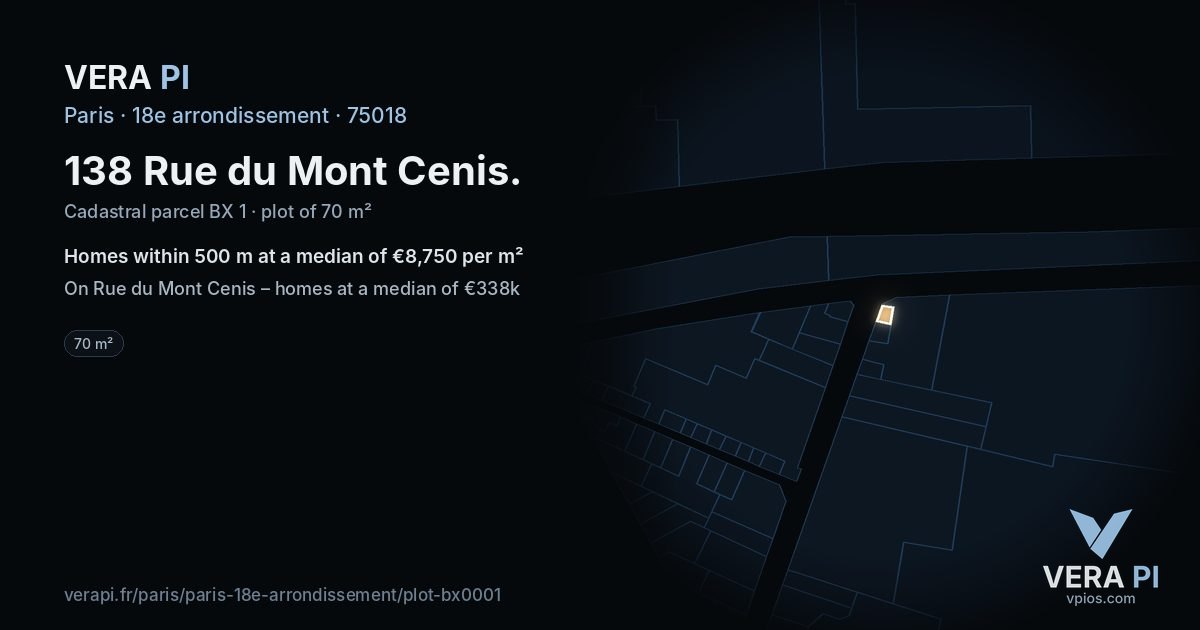 138 Rue du Mont Cenis, 18e arrondissement at night – the plot lit, the parcels around coloured by the prices near them