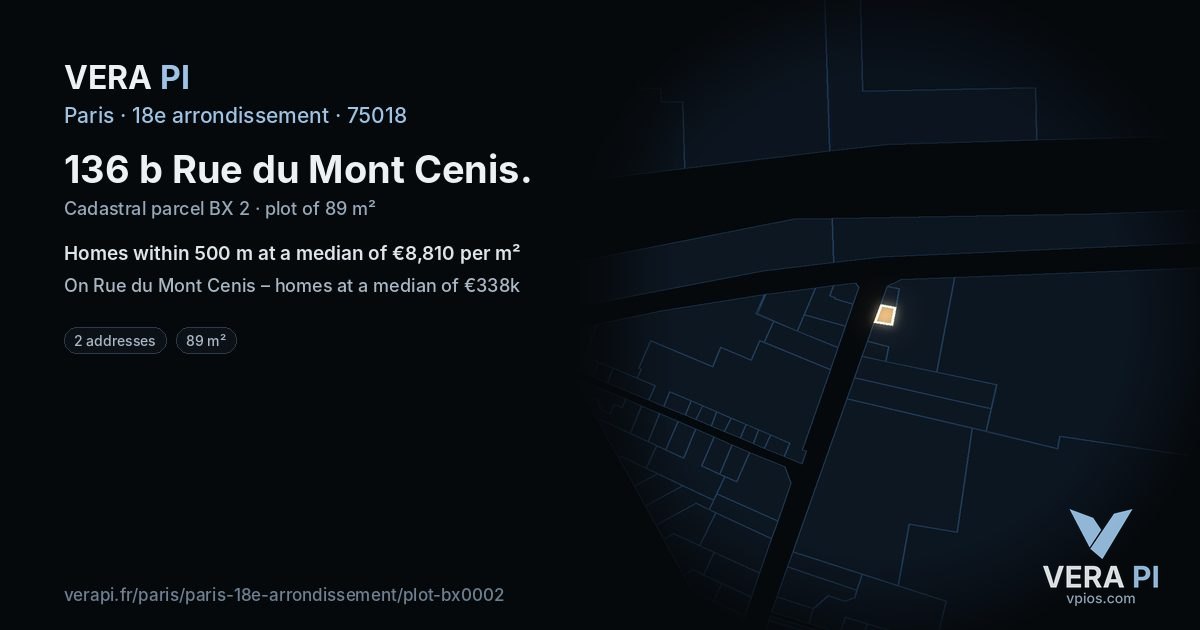 136 b Rue du Mont Cenis, 18e arrondissement at night – the plot lit, the parcels around coloured by the prices near them