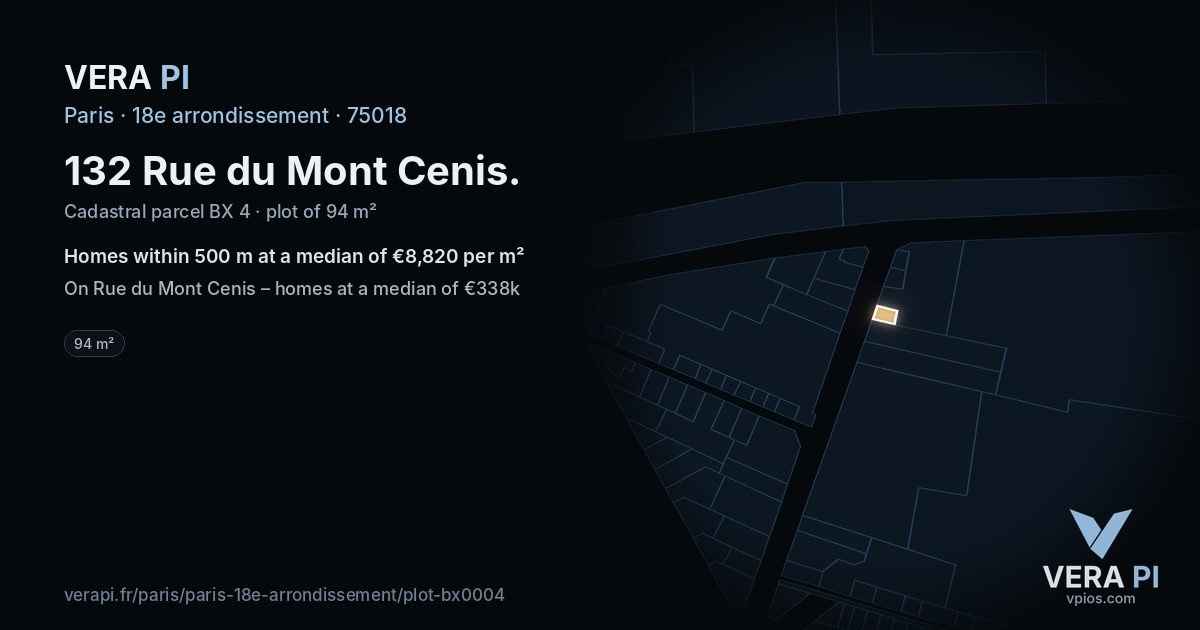 132 Rue du Mont Cenis, 18e arrondissement at night – the plot lit, the parcels around coloured by the prices near them