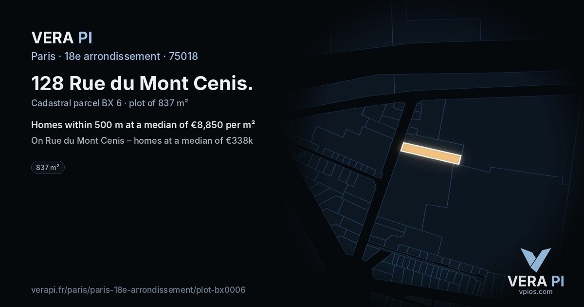 128 Rue du Mont Cenis, 18e arrondissement at night – the plot lit, the parcels around coloured by the prices near them