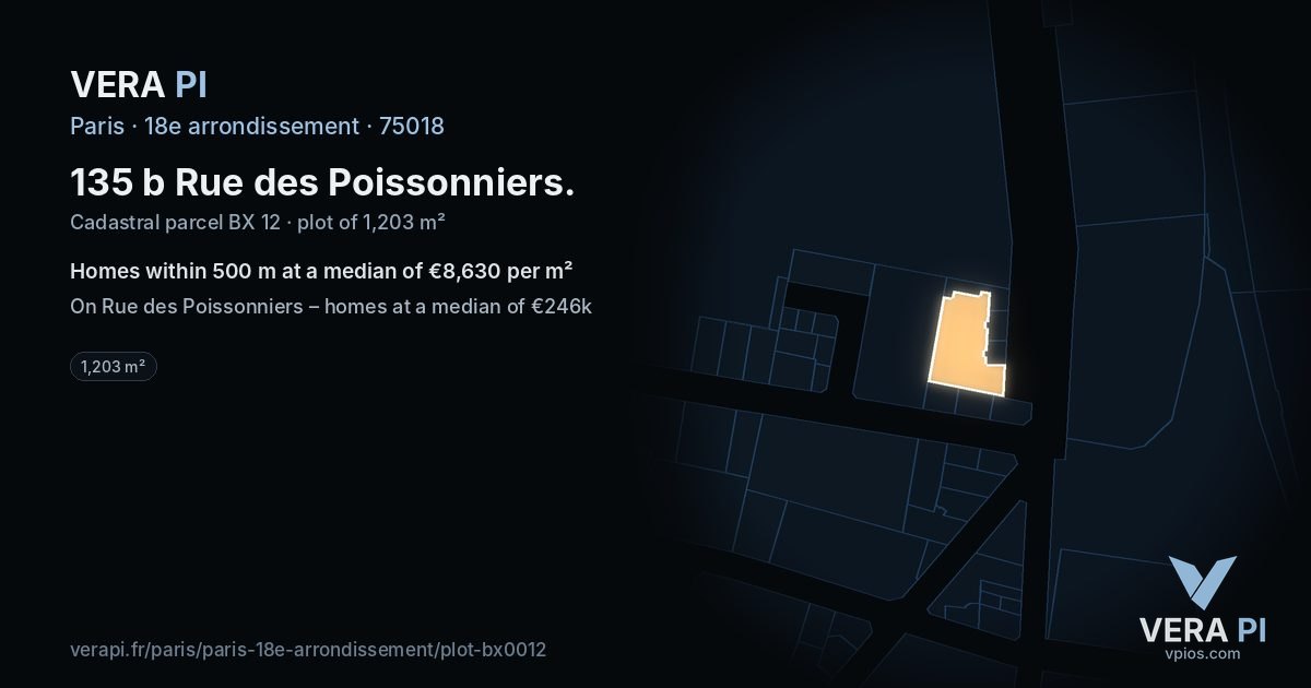 135 b Rue des Poissonniers, 18e arrondissement at night – the plot lit, the parcels around coloured by the prices near them