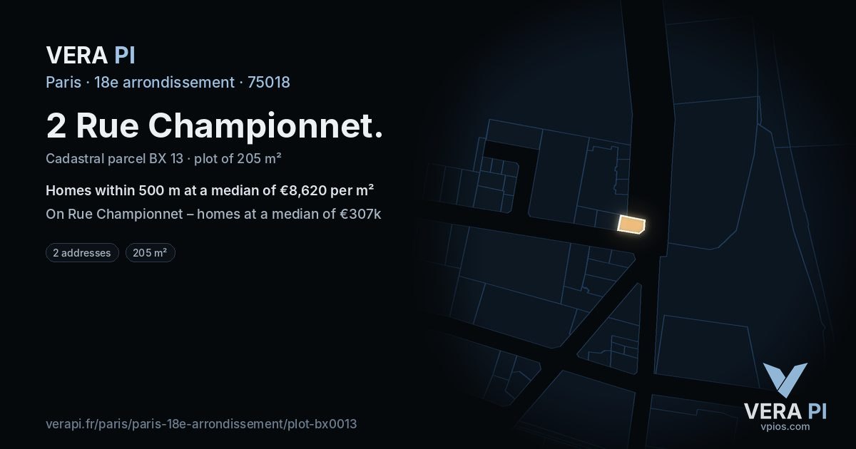 2 Rue Championnet, 18e arrondissement at night – the plot lit, the parcels around coloured by the prices near them