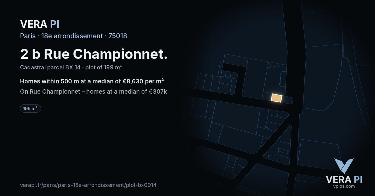 2 b Rue Championnet, 18e arrondissement at night – the plot lit, the parcels around coloured by the prices near them