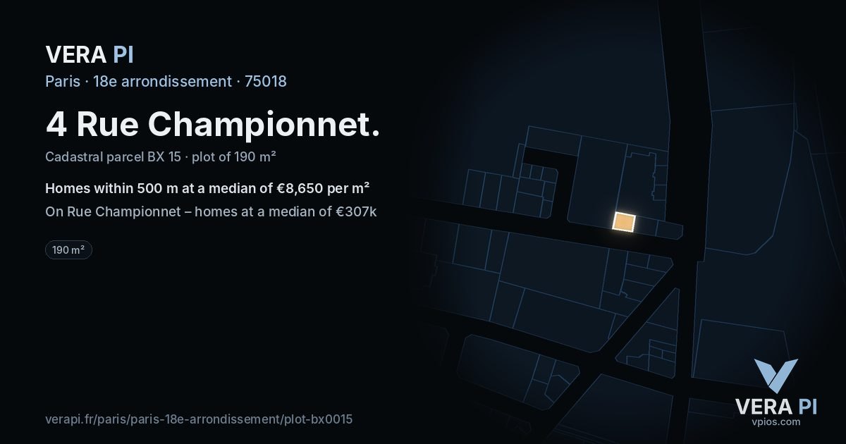 4 Rue Championnet, 18e arrondissement at night – the plot lit, the parcels around coloured by the prices near them