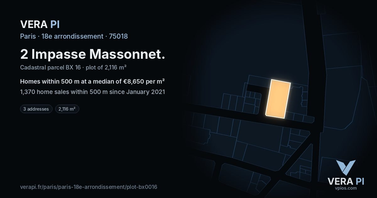 2 Impasse Massonnet, 18e arrondissement at night – the plot lit, the parcels around coloured by the prices near them
