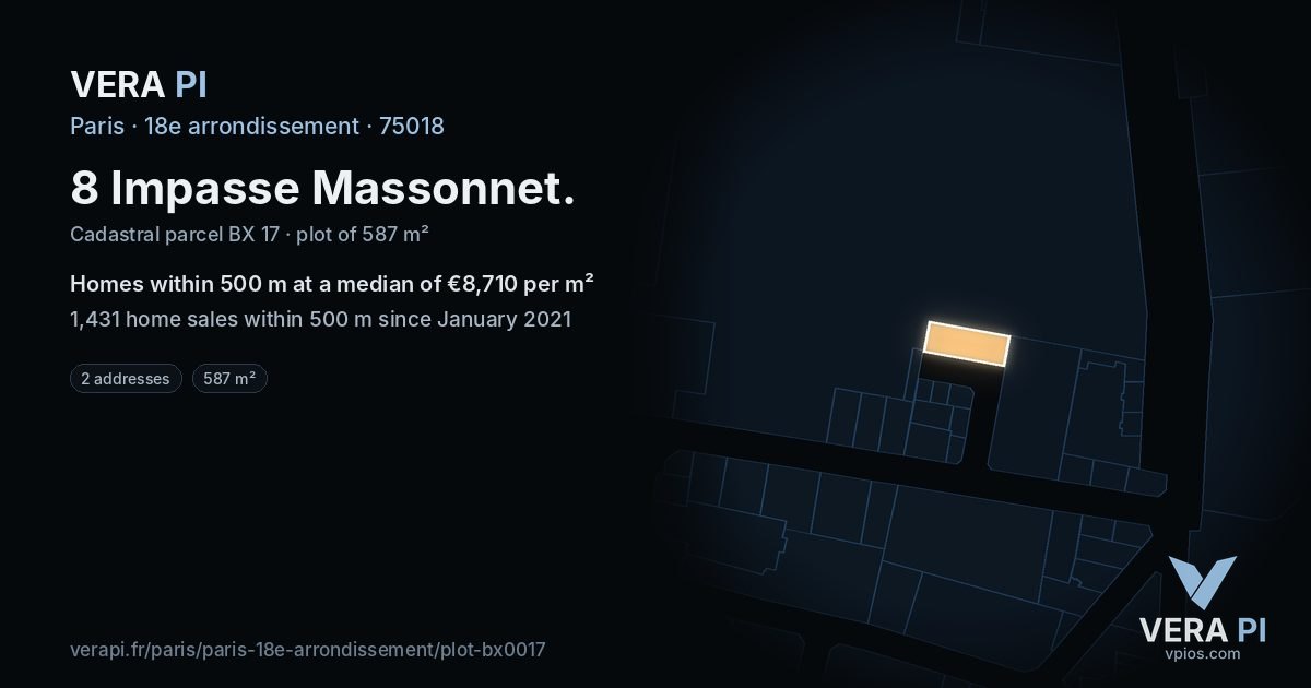 8 Impasse Massonnet, 18e arrondissement at night – the plot lit, the parcels around coloured by the prices near them